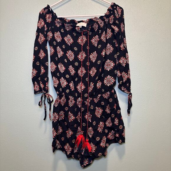Braeve Pants - Women's Braeve Navy Red Patterned Off Shoulder Romper Size S